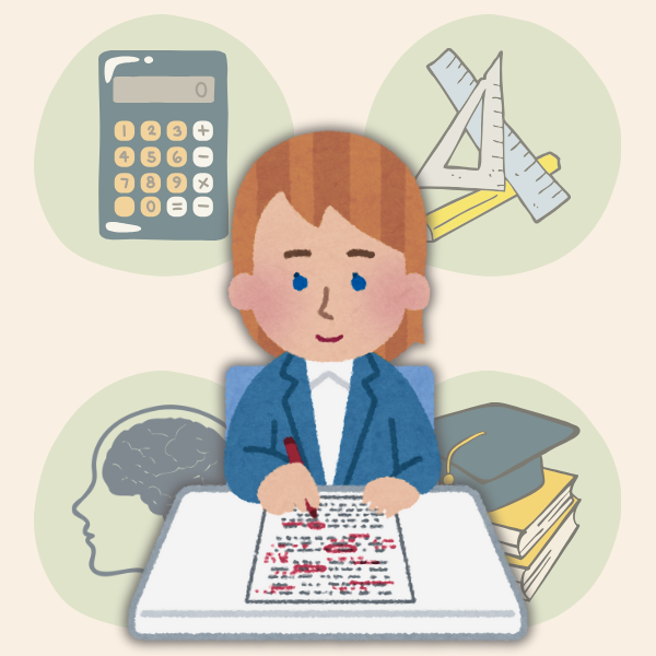 Bild zum Blog "Wissenschaftslektorat" zeigt eine Illustration einer Person, die an einer weißen Tischplatte einen Text mit rotem Stift korrigiert, im Hintergrund sind vier regelmäßig angeordnete mintgrüne Kreise, in jedem ist ein anderes Symbol: Taschenrechner, Geodreieck, Lineal und Bleistift, Zeichnung eines Kopfes mit Gehirn und Doktorhut auf einem Bücherstapel.