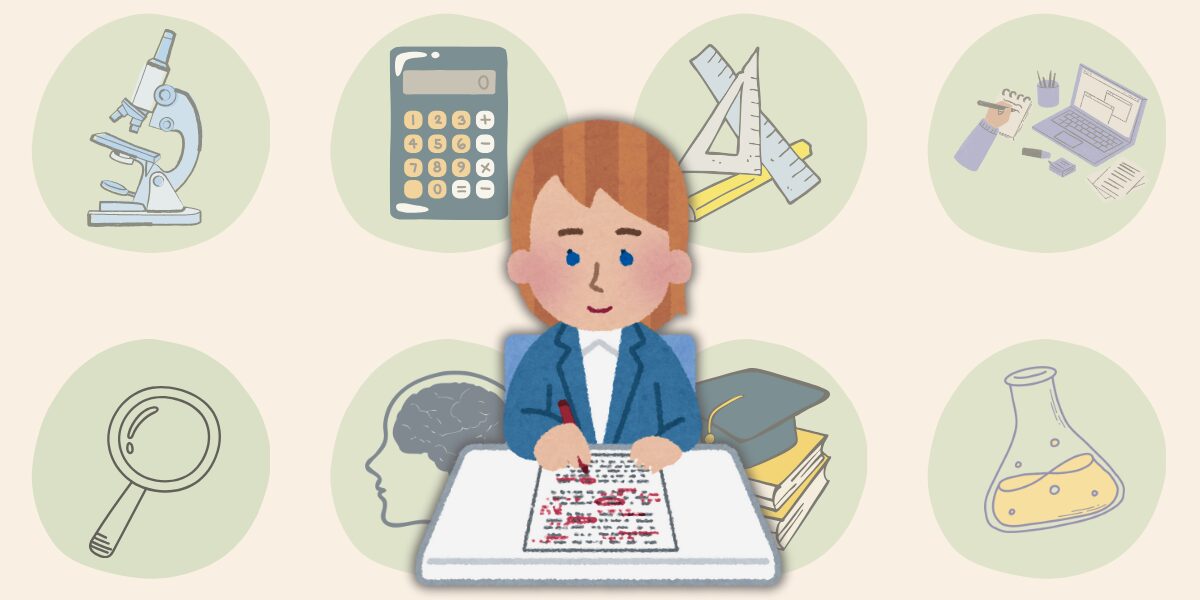 wissenschaftliches-lektorat-kosten-ki-was-ist-das-bild2 Bild zum Blog "Wissenschaftslektorat" zeigt eine Illustration einer Person, die an einer weißen Tischplatte einen Text mit rotem Stift korrigiert, im Hintergrund sind acht regelmäßig angeordnete mintgrüne Kreise in zwei Reihen, in jedem ist ein anderes Symbol: oben: Mikroskop, Taschenrechner, Geodreieck, Lineal und Bleistift, Laptop mit Schreibutensilien. Unten: Lupe, Zeichnung eines Kopfes mit Gehirn, Doktorhut auf einem Bücherstapel und Erlenmeyerkolben mit gelber Flüssigkeit.